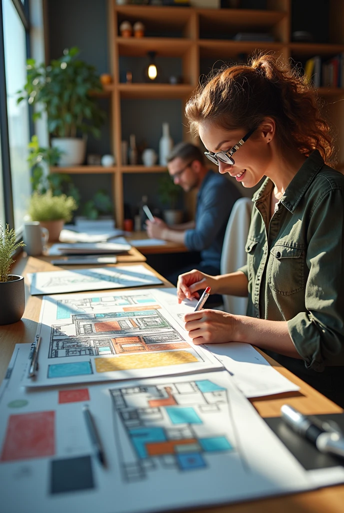 Time-lapse video showcasing the interior design process from concept sketching to 3D rendering. modern, Professional, creative, upbeat music, seamless transitions.