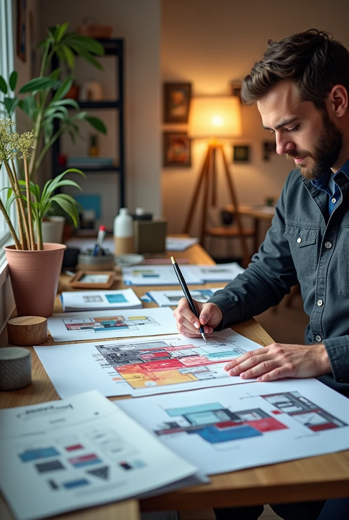 Time-lapse video showcasing the interior design process from concept sketching to 3D rendering. modern, Professional, creative, upbeat music, seamless transitions.