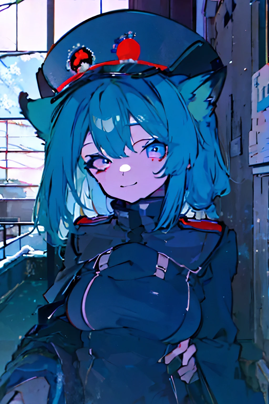  Blue eyes, cyan hair, animal ears growing on the head, hat, long sleeves, smiling, military uniform, Russia, abandoned school building, snow