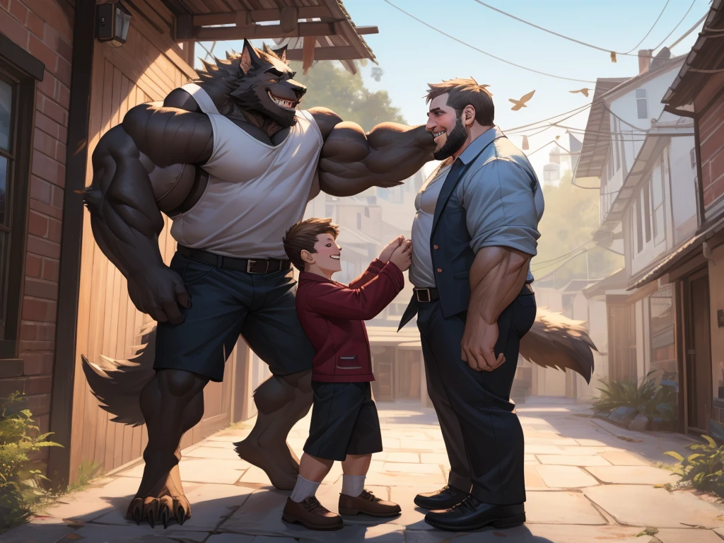 4K, detailed, soft color, Vintage images, highres, unparalleled masterpiece, absurdres, love story of human old man and giant huge Muscular Werewolf, pair, Height difference, Physical difference, perfect anatomy, smile, joyful, play with, smile, happy