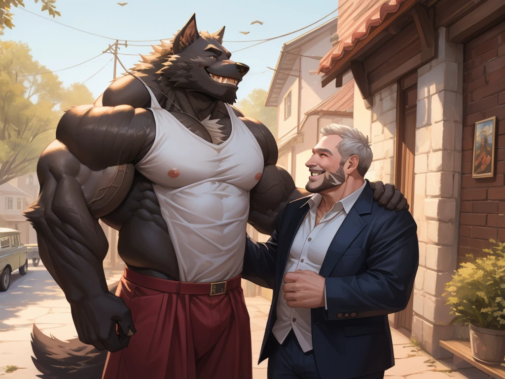 4K, detailed, soft color, Vintage images, highres, unparalleled masterpiece, absurdres, love story of human old man and giant huge Muscular Werewolf, pair, Height difference, Physical difference, perfect anatomy, smile, joyful, play with, smile, happy