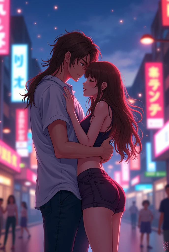 Make a man with long flowing brown hair, Standing, hugging and putting hands on the ass of a sexy sensual girl in shorts and a cropped top with long brown hair and long bangs, adult anime