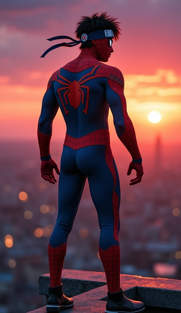Spider-Man, dressed as Naruto, stands on a rooftop against a twilight sky. His red and blue suit is now adorned with Naruto's signature orange and black attire, complete with a headband featuring the Hidden Leaf symbol. His web-shooters are visible, blending with the ninja's traditional gear. His mask reveals a determined expression, reflecting Naruto’s unwavering spirit and resolve. The cityscape below glows softly, mirroring the warm light in Spider-Man’s eyes as he balances the power of a superhero with the heart of a ninja, embodying a unique fusion of heroism and courage.