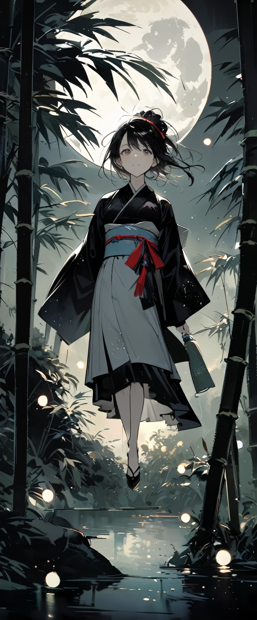 dynamic black ink painting of a bamboo grove, black and white paint, great art, great sense of depth, view from the ground, the most beautiful bamboo grove in the world, bamboo leaves shining through rainwater, moon\(pale blue\) with a light overcast, beautiful woman\(ancient Japanese noble, beautiful kimono, beautiful long black hair\) looking up at the moon at the center with a follower in simple clothes holding an umbrella, fireflies flying around, bamboo leaves are placed three-dimensionally in the foreground