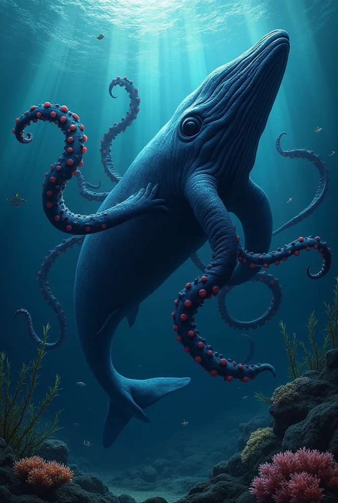 Creature.
Description front body of a black wale and back body of a octopus with 8 blood sucking tentacles