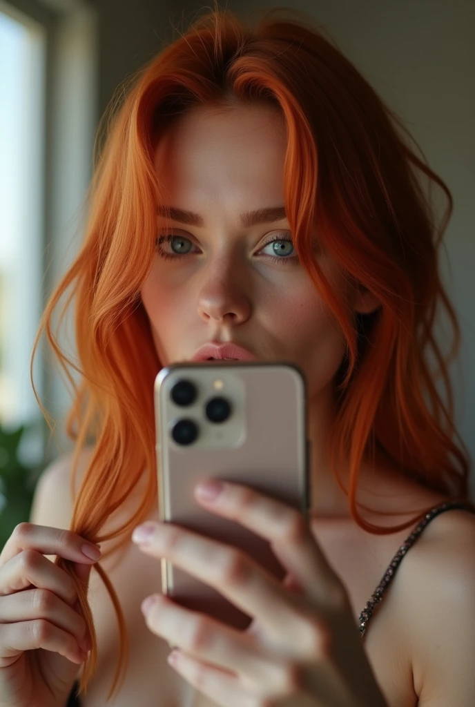 Beautiful redhead woman taking selfie with her phone in front of the mirror, lingerie sensual, ultra detailed image, picture in 8k, 4K, sharp lines, attractive colors, detailedeyes, face detailed, detailedeyes e sedutores, seductive look, playing with a strand of her hair, nsfw.