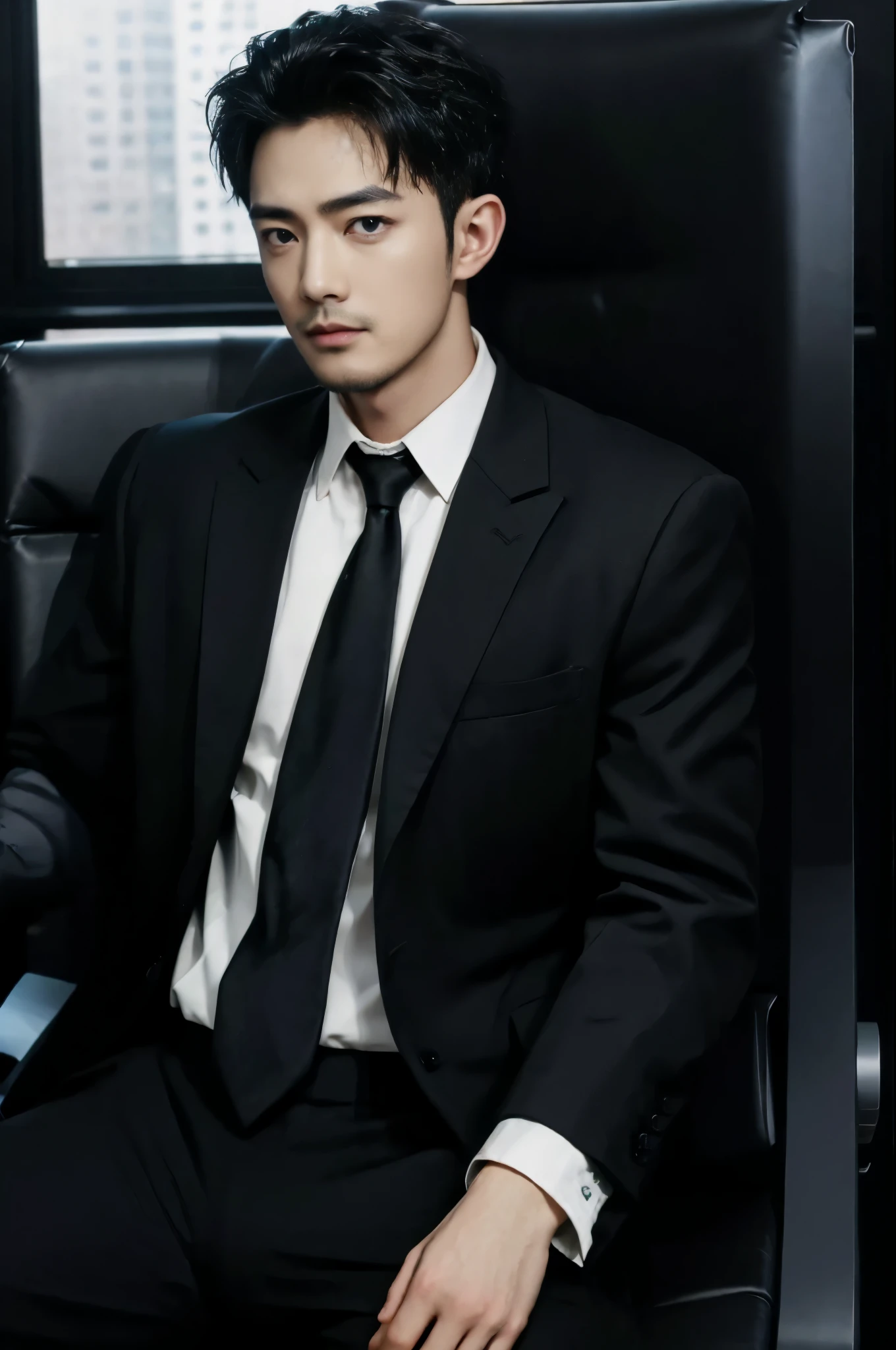 man，Handsome，Sitting position，Suit，Trousers，shirt，tie（Delicate eyes：1.3），black eyes，whole body，Goatee，office，Boss chair