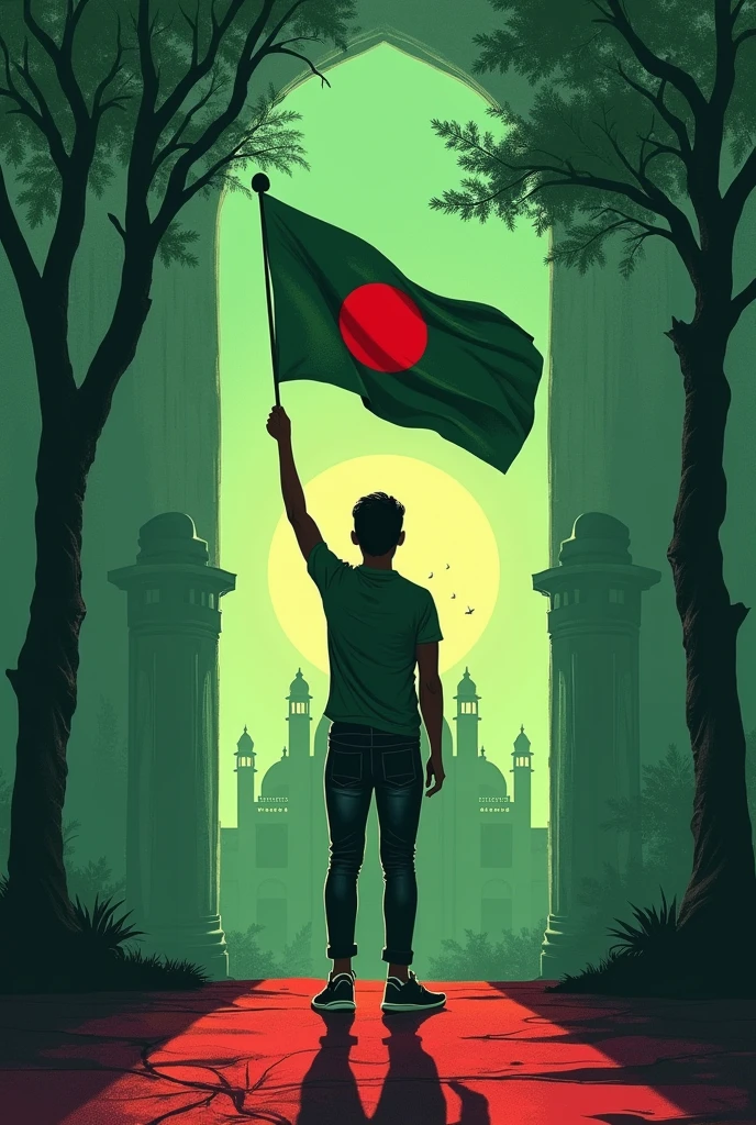 Green background, shadow of broken building, shadow of trees, light red Bangladeshi Shahid Minar on it, and image of Dome of the Rock, and a young man raising Bangladeshi flag celebrating independence.