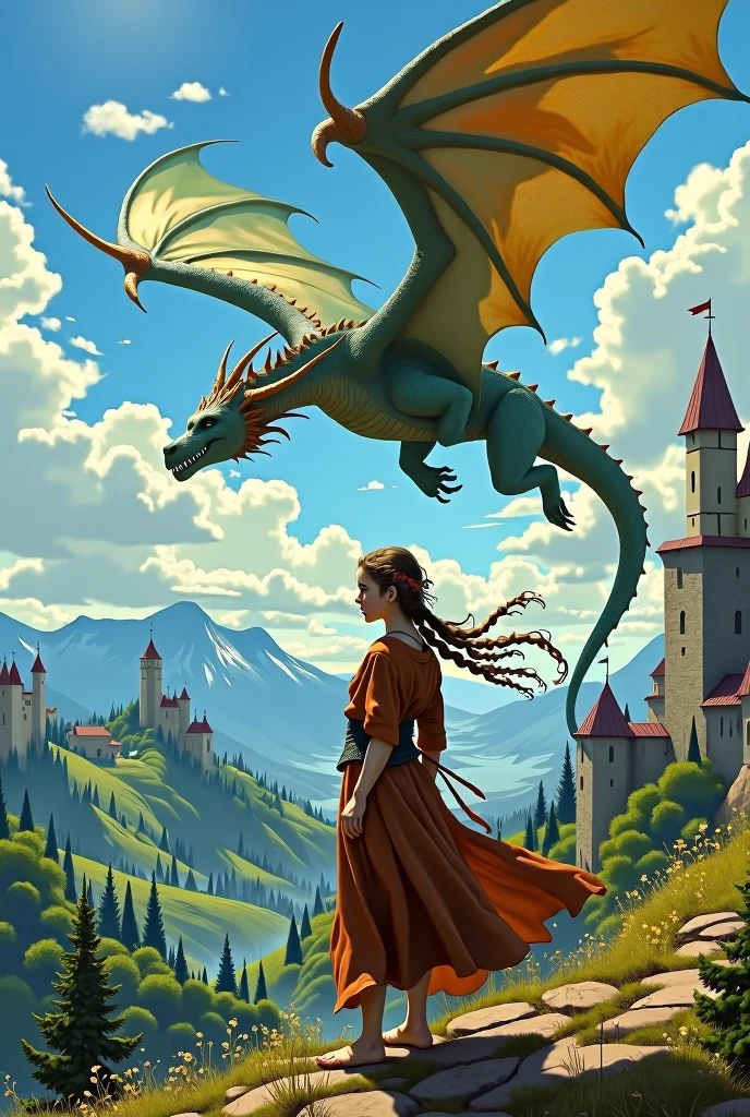 A GIRL IN THE MIDDLE AGES WITH A DRAGON FLYING IN THE BACKGROUND LIKE IN THE SKYRIM VIDEO GAME