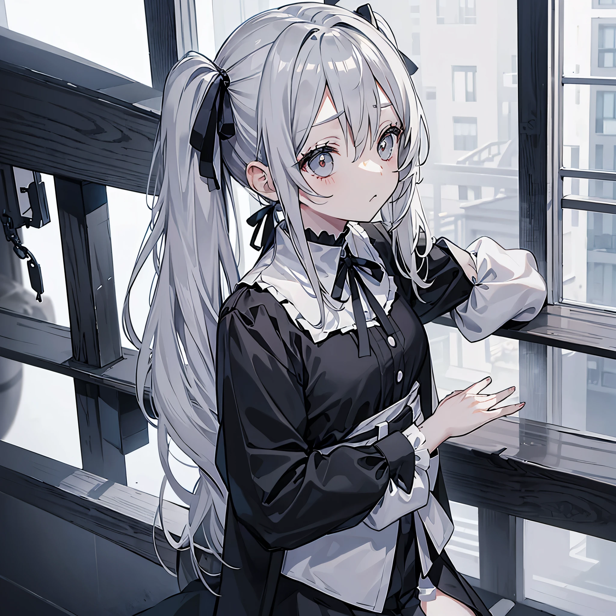 monotone、Gray Hair、Twin tails、Hata、Disdainful look、Black Ribbon