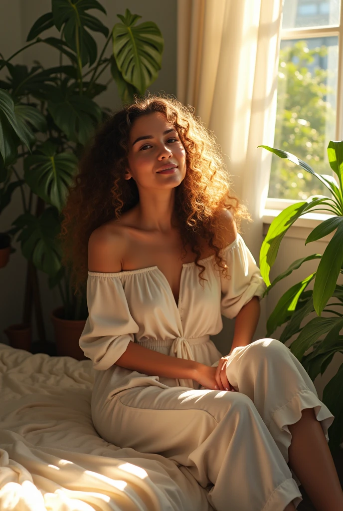 (photorealism:1.2), beautiful woman, sitting on bed, wearing loose off-shoulder top, pajama pants, long curly hair, indoors, soft lighting, plants in background, window with sunlight, cozy room, relaxed pose, realistic, intricate details, warm colors, by Greg Rutkowski, by Alphonse Mucha