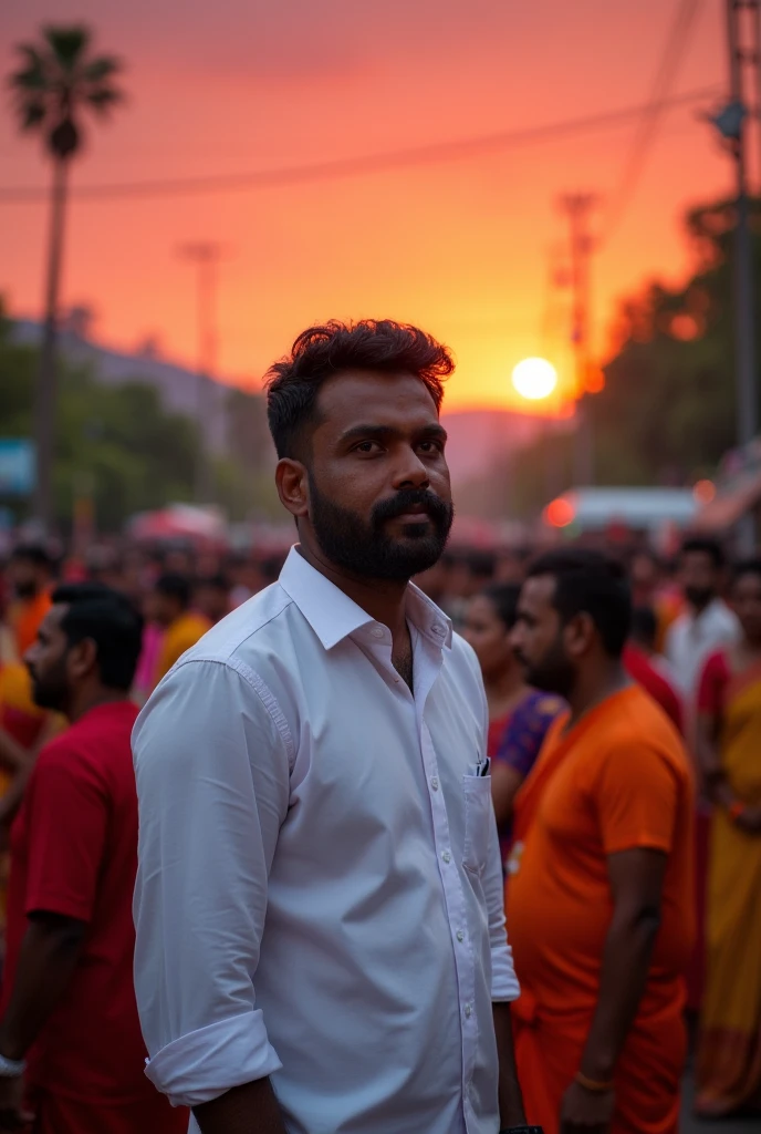 35 years old man wearing white shirt full hand standing in crowd of tamil people reddish dramatic evening sunset