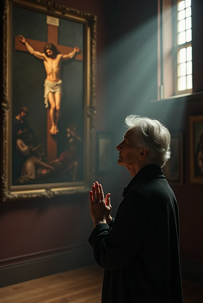 A old women seeing Jesus on the Cross image in a hall and asking questions about that painting and wondering
