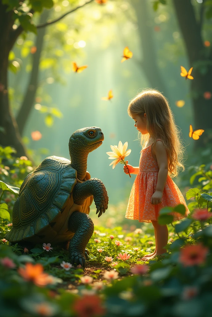 Tortoise giving sparkling flower to a girl in the forest