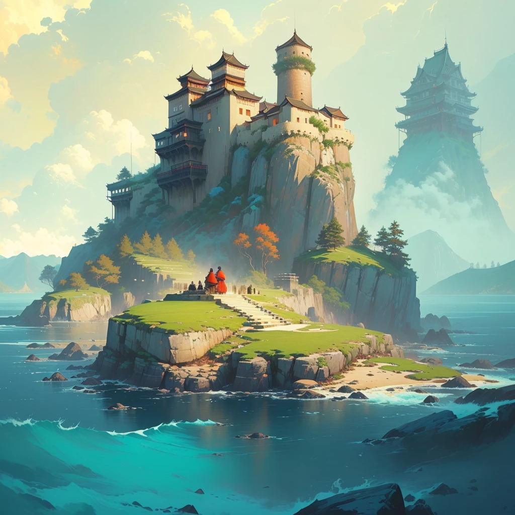 There is a small island，上面有建筑遗迹 author Raymond Han, A beautiful artistic illustration, Feiyun Castle, author Ryan Yee, Andreas Rocha style, Ross Chen. Landscape background, Inspired by Andreas Rocha, Epic painting of the island, Beautiful Numbers, author：Alexander Jean, Andreas Rocha's style