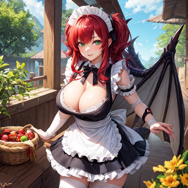 Beautiful girl maid,assassin half-human half-dragon with red hair with green eyes and big breasts