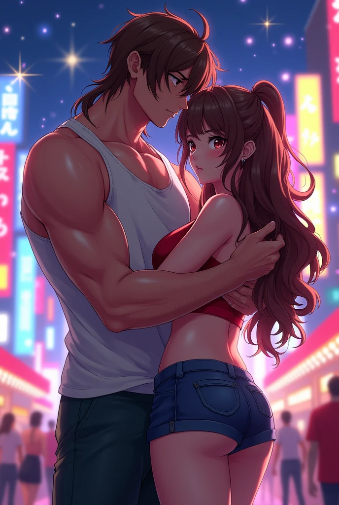 Make a man with long flowing brown hair, Standing, hugging and putting hands on the ass of a sexy sensual girl in shorts and a cropped top with long brown hair and long bangs, adult anime