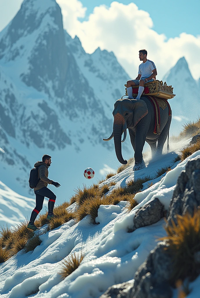 imagine a man climbing a mountain in Alaska while playing soccer with Cristiano Ronaldo in a carriage pulled by elephants