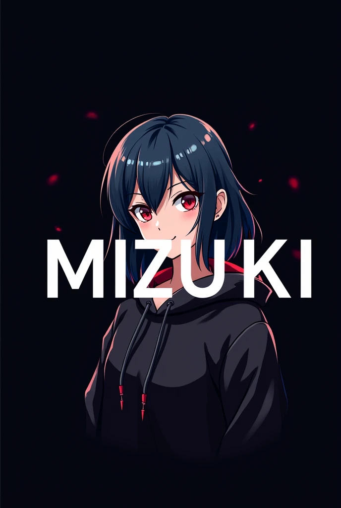 Gamer Logo for "Mizuki" , white font , Black background , involved Anime girl , dark blue hair , modern day mullet hair style , black hoodie , red eyes , almond eye
