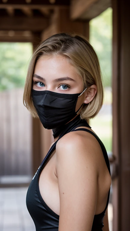 ((Ultra Detail)), Beautiful Art, (((18 yo blonde teen girl . Full lips. Eyes wide))). ((Very short hair)), high details, best quality、So ridiculous, 1 female ninja, wearing a ninja suit, ninja sword gloves,