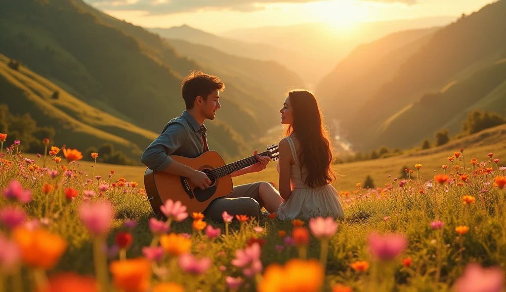 ((best quality)), ((masterpiece)), (detail), perfect face, panoramic photo of a couple playing guitar in a valley of flowers, valley scene with intricate details, shimmering and magical light, surreal photo, 8k, ultra high resolution, sharp face