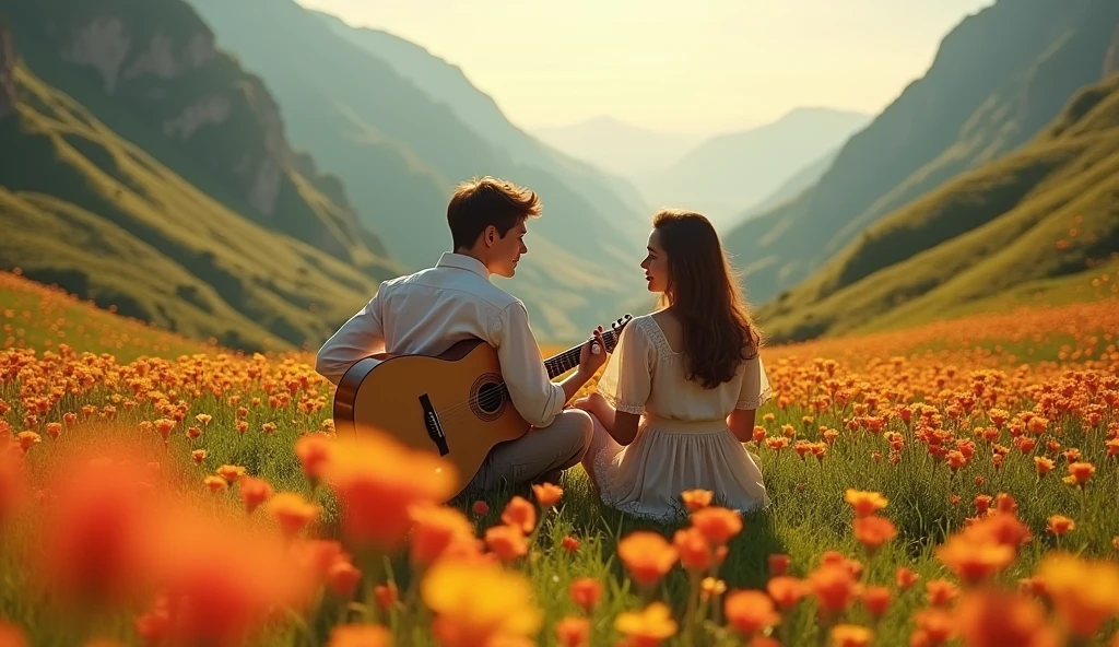 ((best quality)), ((masterpiece)), (detail), perfect face, panoramic photo of a couple playing guitar in a valley of flowers, valley scene with intricate details, shimmering and magical light, surreal photo, 8k, ultra high resolution, sharp face