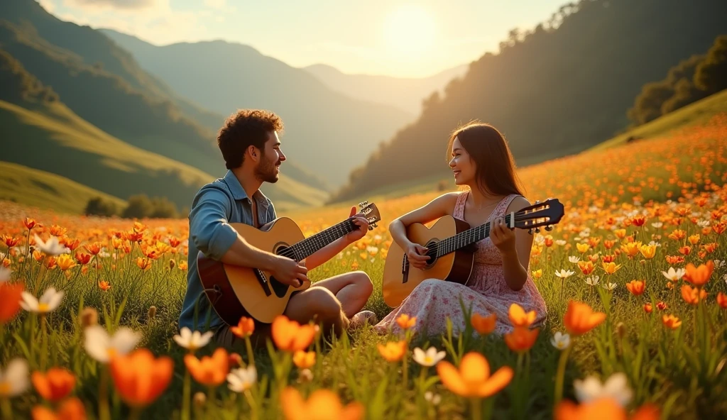((best quality)), ((masterpiece)), (detail), perfect face, panoramic photo of a couple playing guitar in a valley of flowers, valley scene with intricate details, shimmering and magical light, surreal photo, 8k, ultra high resolution, sharp face