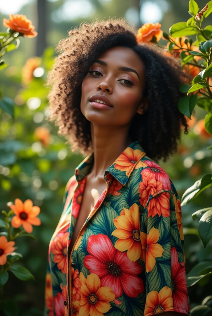 A Brazilian woman in a lush tropical garden, wearing an open shirt with a floral print, with a close-up capturing the harmonious beauty between her breasts and the natural flowers, showing off your natural charm and outgoing personality.