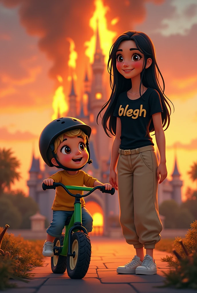 kag:
Create a picture in disney style
Mom who likes metal, brown eyes, pale skin, heavily mascaraed eyelashes, no jewelry, long black straight hair, black shirt with the inscription "blegh" , beige baggy (not high waist) , white sneakers. Smiles at her blonde 3 year old son. There is , brown eyes, loves his green bike. He wears a black helmet
In the background, the Disney castle burns in large flames. A crown lies broken/broken on the ground