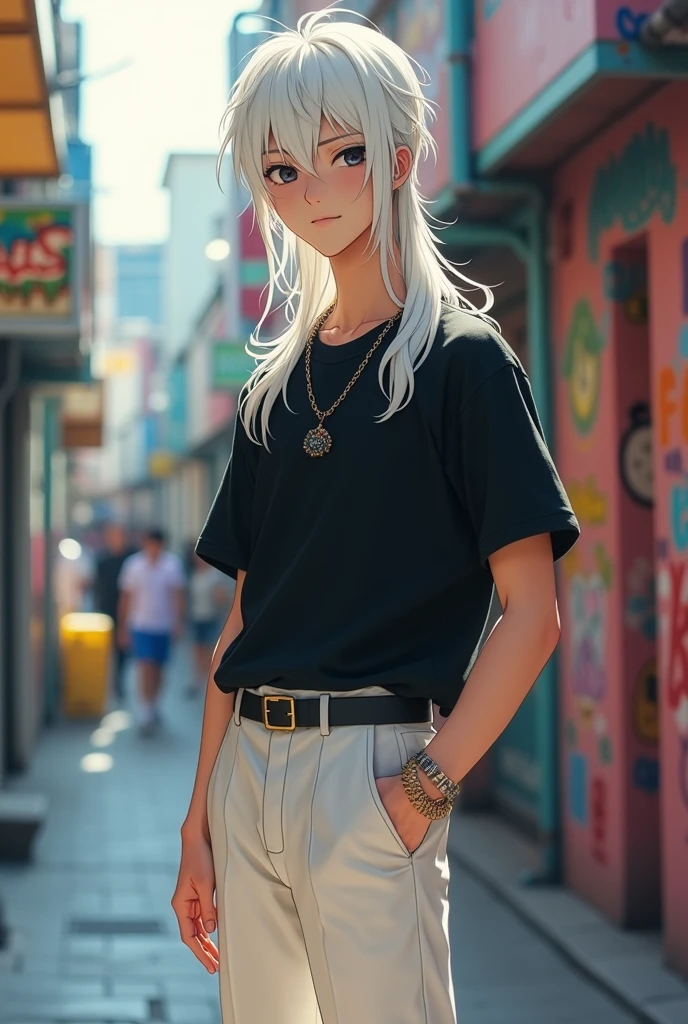 skinny man,white,corte de pelo modern mullet color white hojos negros ojeras en los hojos polera negra pantalon white de escuela anime