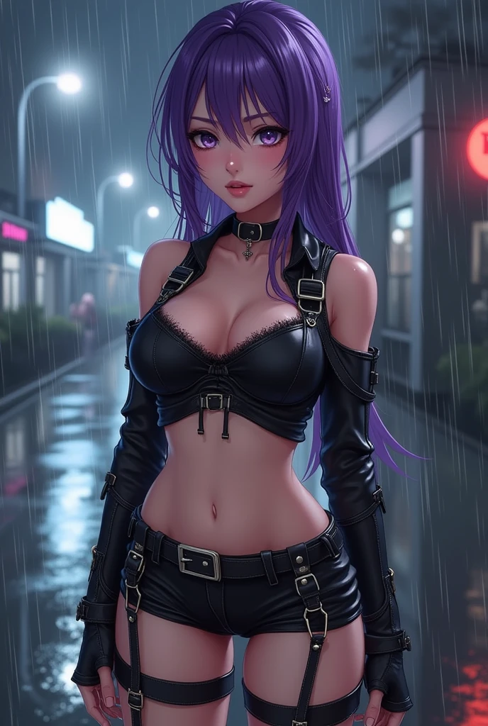 Masterpiece, realistic art, dynamic angle, slender toned build, pale skin, striking purple hair, shiny detailed eyes, tight black leather outfit with numerous straps and buckles ,cropped top that exposes her midriff , pair of short shorts with garter belts attaching to thigh-high stockings,rainy street, asphalt, white back light, night ,wet, underboobs , anime style