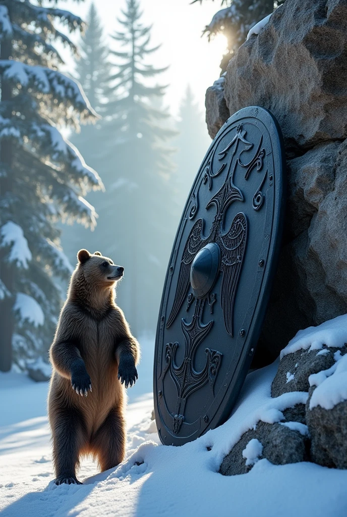 Create a black Viking shield on the snow and leaning against a rock, on the shield, two ravens, with an enchanted forest in the background and a bear standing on two legs