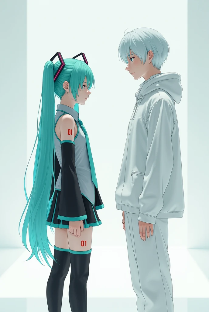 Anime art, anime style, detailed drawing, white background, high definition, high quality, one girl, solo, Hatsune Miku, aqua hair, twin tails, head ornament, headphones, number tattoo "01" (red, located on her left hand), grey sleeveless collared shirt, black detached sleeves with aqua lines, five fingers with aqua nails, aqua necktie, black pleated mini skirt with aqua lines, zettai ryouiki, thigh-high black boots with aqua lines.

An anime guy in a full white room looking at Miku Hatsune in front of him; he is wearing full white cloth and pants.