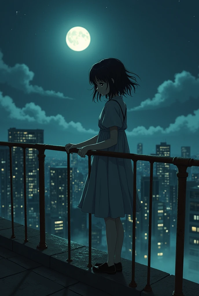 Iwakura Lain from Serial Experiments Lain is clenching fences of the rooftop, her face in concern in the middle of the night with moonlight shone