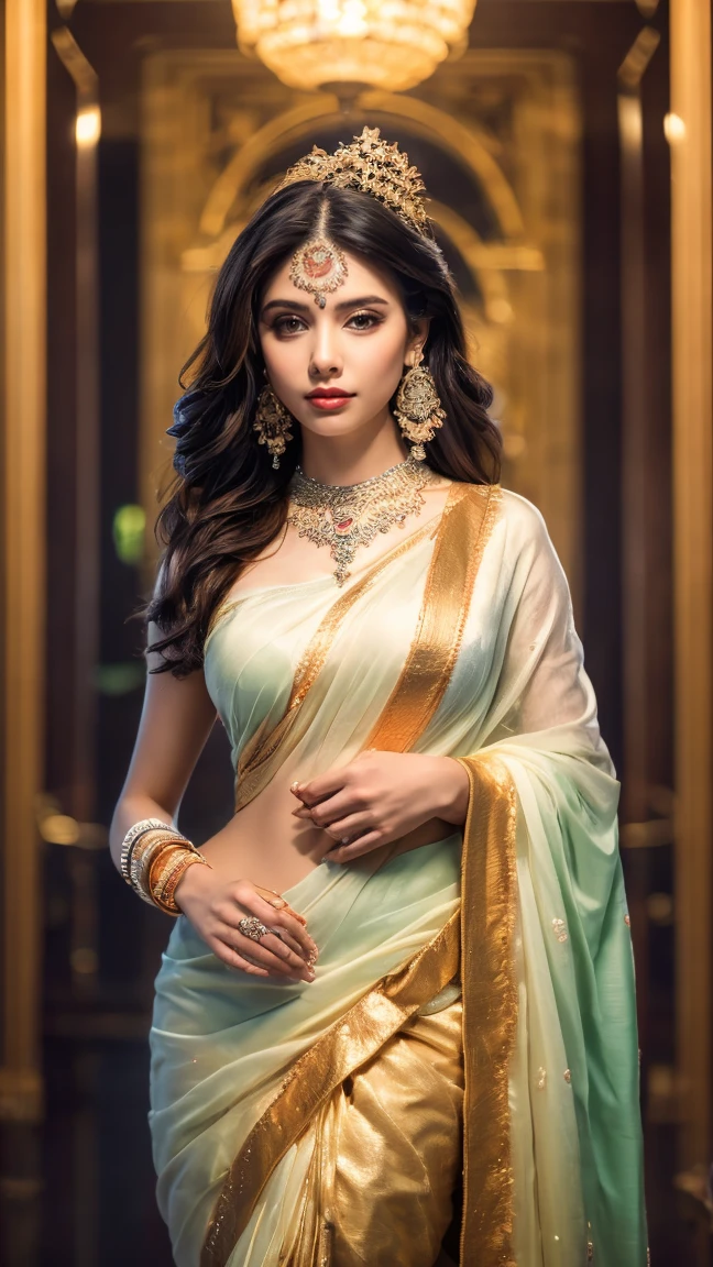((Best quality, 8k, Masterpiece :1.3)), Sharp focus :1.2, Generate a realistic image of a beautiful sexy Indian woman dressed in a white Kasava saree, adorned with traditional ornaments, standing in a well-lit room with cinematic lighting. ((Front view, random elegant pose)), and there is a sense of grace and elegance in her posture. The background should complement the scene, enhancing the overall aesthetic appeal of the image. Photography by Brandon Woelfel, Full shot: Canon EF 16-35mm f/2.8L III USM lens on a Canon EOS 5D Mark IV camera, ultra realistic, 32k, HD