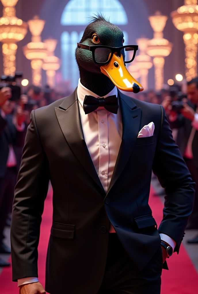 A muscular human body with a moody duck head. Wearing suit and square glass. Celebrity background