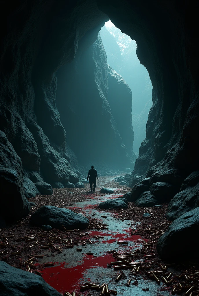 Entrance to the cave, lots of bullets in the air and on the ground with a bloody man scattered around the cave ,