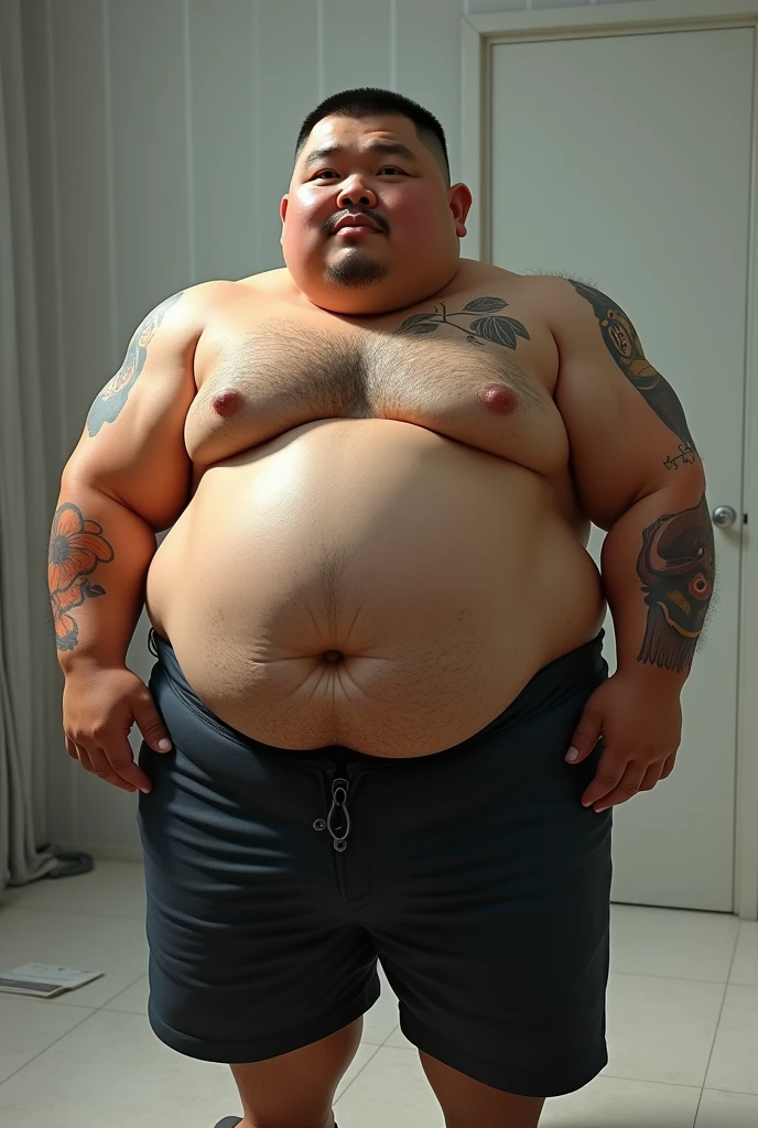 Photorealistic middle-aged obese Japanese male、Single eyelid、6 heads、50th Generation、Metabolic、Short black mustache、Short black buzz cut、Square face、whole body、Fatが着いたマッスルベア、Homosexuals、太いチンポがHaving an erection、Full Body、Fat and hulking、Masturbating、Thick and short legs、thick and short arms、Thick face、Thick and round waist、Fat Belly、Dark, tanned skin、Bodybuilder、Hairy、Thick waist、Thick boar neck、A firm and plump body、Masturbating、Is ejaculating、Having an erection、Receding hairline、Middle Age、He's in a suit but not wearing a tie.、He's wearing sandals、Yellow race and dark skin、Metabolic、father、Father、father、Fat、Thin hair、has narrow eyes、The body is glistening with sweat、Dazzling summer sunshine、Erotic、whole bodyで驚いているポーズ