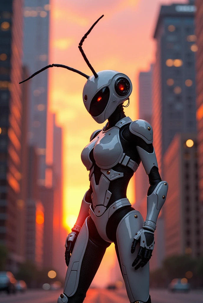 Fire ant in white glossy cyborg costume standing between skyscraper at sunset