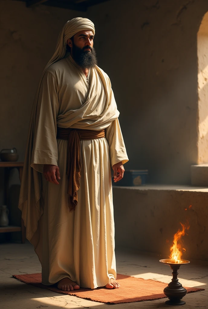 Hazrat Umar (R.A.) standing in simple, modest attire, with a stern yet compassionate expression, in a room with minimal furnishings, reflecting his humility and simplicity.