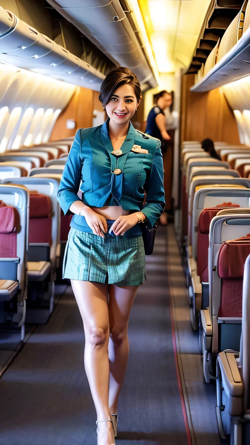 1beautiful womanl, 28years、hyperdetailed face、Detailed lips、A detailed eye、double eyelid、(Smiling while walking gracefully down the aisle)、(Stewardess uniform:1.2)、((mini skirt:1.5)) (Glamorous body)、(Colossal tits)、(large full breasts)(big butts)(Plump body)(plump body shape)( large full breasts)(Colossal tits)((J-Cup))、highs thighs thighs thighs, Perfect fit, Perfect image realism, Background with: (Business Class aisle on airplanes:1.2), Cowboy Shot, Meticulous background, detailed costume, Perfect litthing、Hyper-Realism、(Photorealsitic:1.4)、8K maximum resolution, (masterpiece), ighly detailed, Professional