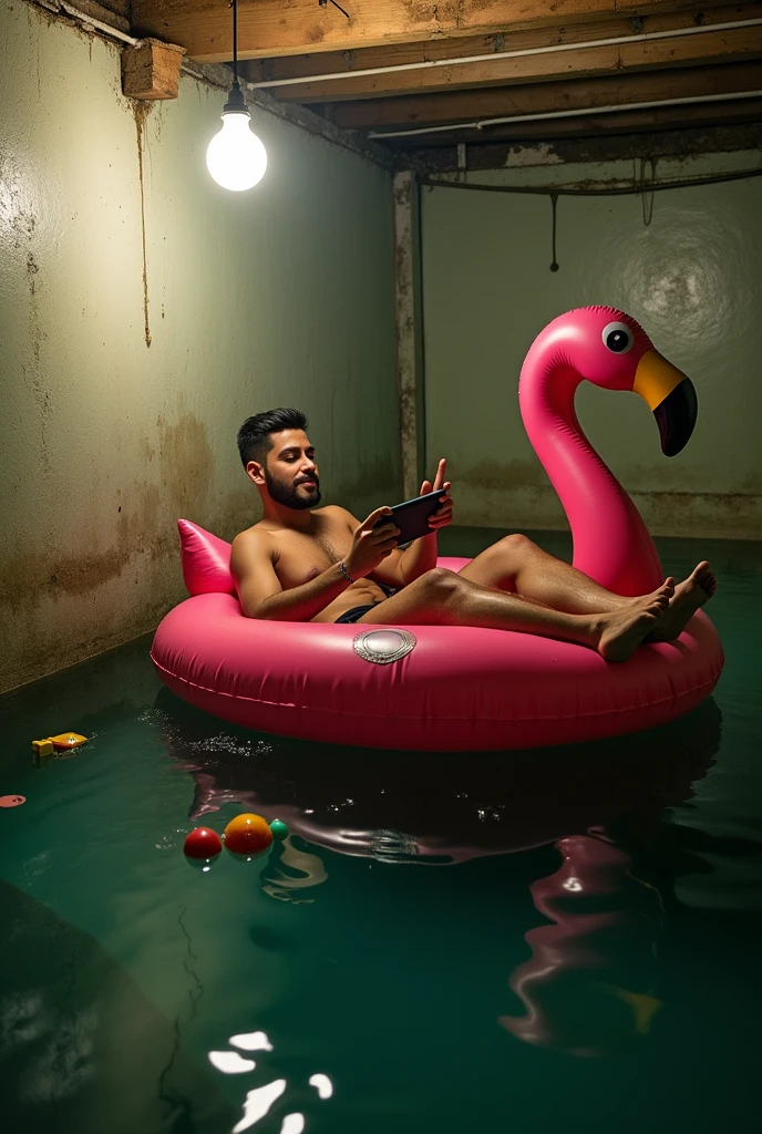 mexican young man in a basement flood using a flamingo float while playing on his Nintendo switch
