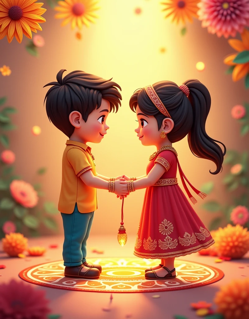 "Create 3D realistic image of a Raksha Bandhan greetings card with illustrations of a boy(brother), and a girl(sister) , prominently featuring the names 'priya' and 'rajat' in correct lettering. Include heartfelt blessings exchanged between brother and sister, ensuring the names are clear and accurately represented."