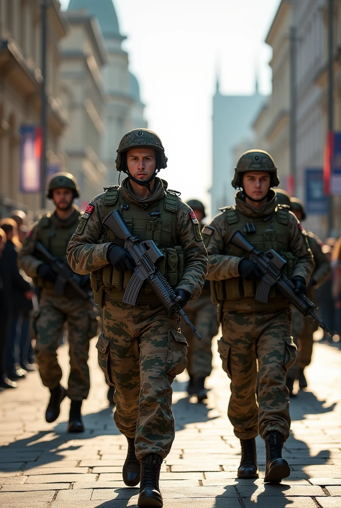 Russian Special forces marching at a city