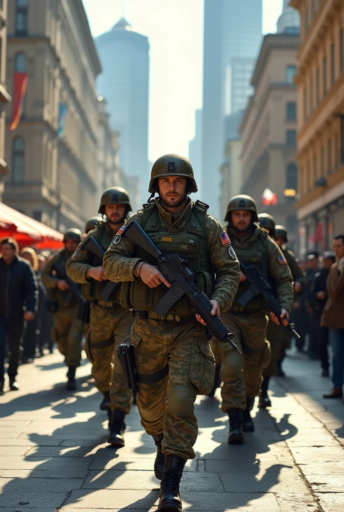 Russian Special forces marching at a city