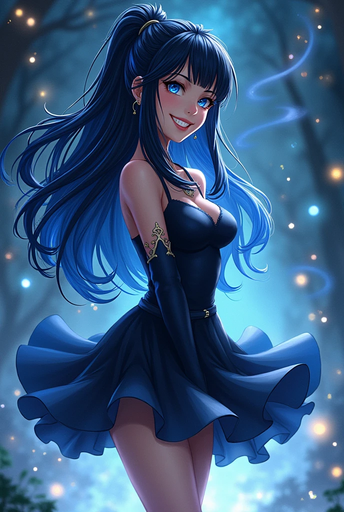 with long black hair and blue highlights,A character wearing dark clothing,in a picture with some magical elements in the background,with a mischievous smile ,covering up her black dress that's about to float away,A female character
,whole body,Don't miss your teeth