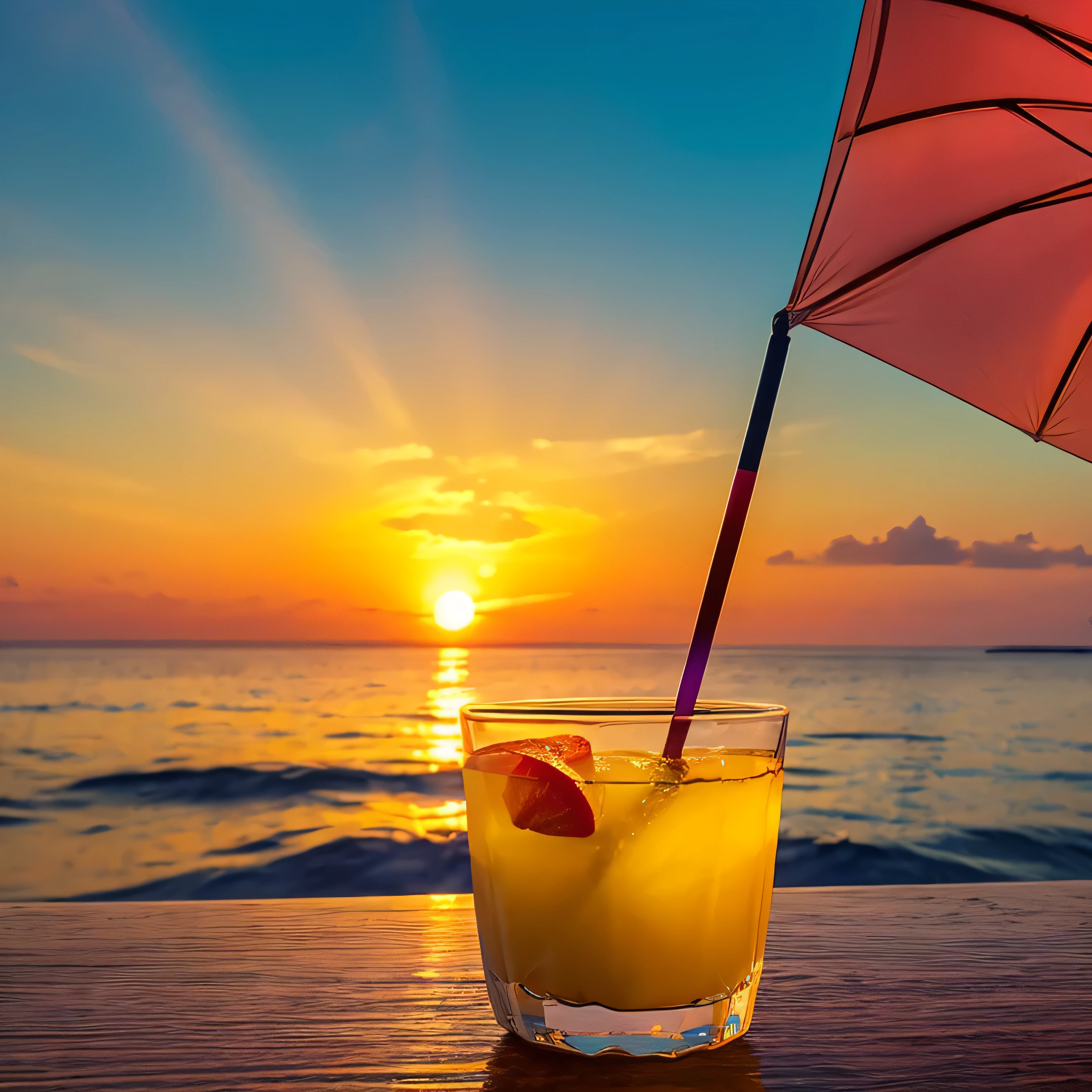 Create an engaging design that blends the beauty of a tropical sunset, Tranquility of the sea, and、The appeal of tropical juice. What is your job?、The goal is to create an image that evokes tranquility and a longing for a tropical escape.
Paint a breathtaking sunset over the tranquil water, Shining Sea. The sky is a warm orange, pink, Purple and, and、The sun slowly dips below the horizon, Cast a golden glow on the water's surface. Waves gently crash on the shore, and、A calm and serene atmosphere fills the scene.
In the foreground, Feature a tropical juice cocktail that embodies the vibrant colors and flavors of paradise. The beverage should look cool and refreshing, Condensation forming on the glass. Add garnishes such as fresh fruit slices or colorful umbrellas、Enhance the allure.