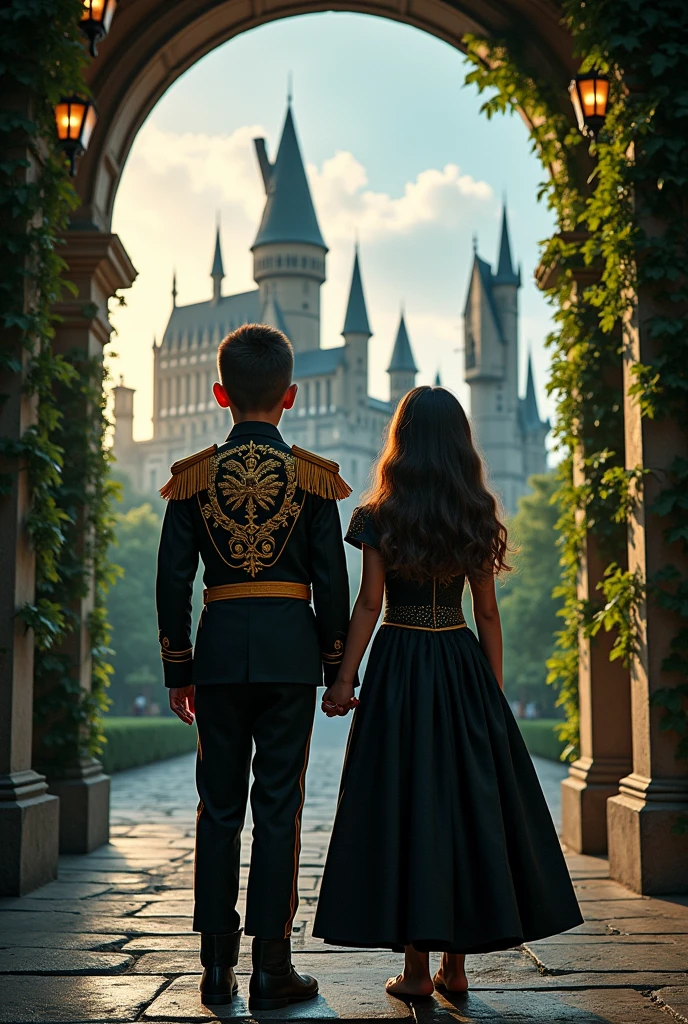 Mexican boy and girl, wearing a black Mexican military uniform with gold details, set in Chapultepec Castle with an atmosphere similar to Hogwarts