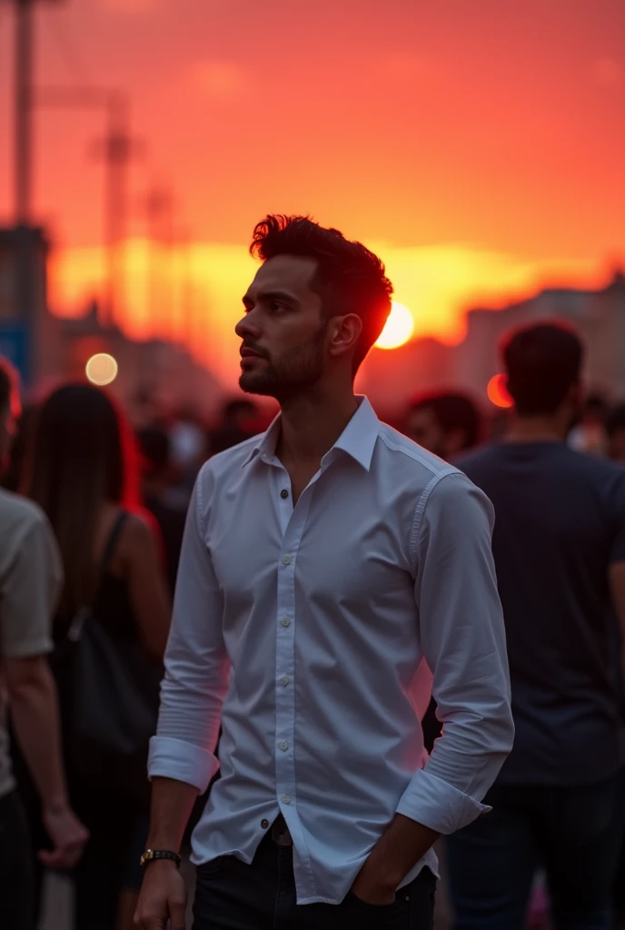 35 years old man wearing white shirt full hand standing in crowd of people reddish dramatic evening sunset