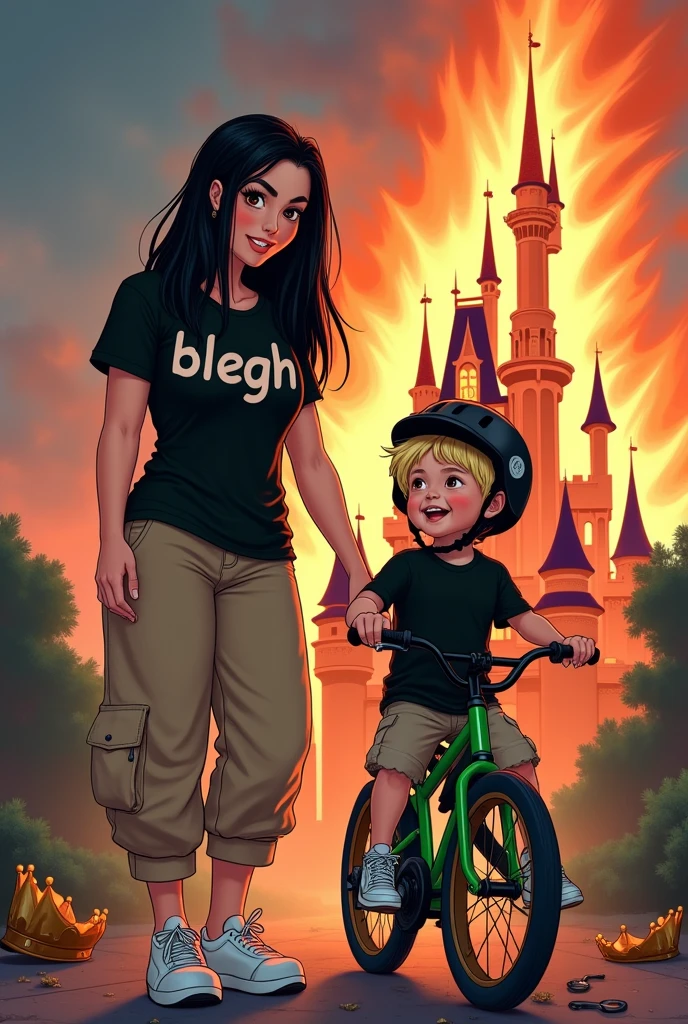 kag:
Create a picture in disney style
Mom who likes metal, brown eyes, pale skin, heavily mascaraed eyelashes, no jewelry, long black straight hair, black shirt with the inscription "blegh" , beige baggy (not high waist) , white sneakers. Smiles at her blonde 3 year old son. There is , brown eyes, blonde hair. loves his green bike. He wears a black helmet. Mother and son smile and look at each other.
In the background, the Disney castle burns in large flames and is almost destroyed.. There is a broken crown lying on the floor.